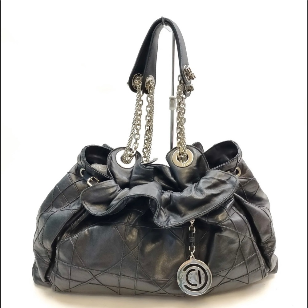 AuthenticChristian Dior Cannage Drawstring Black Lambskin shoulder bag Vintage